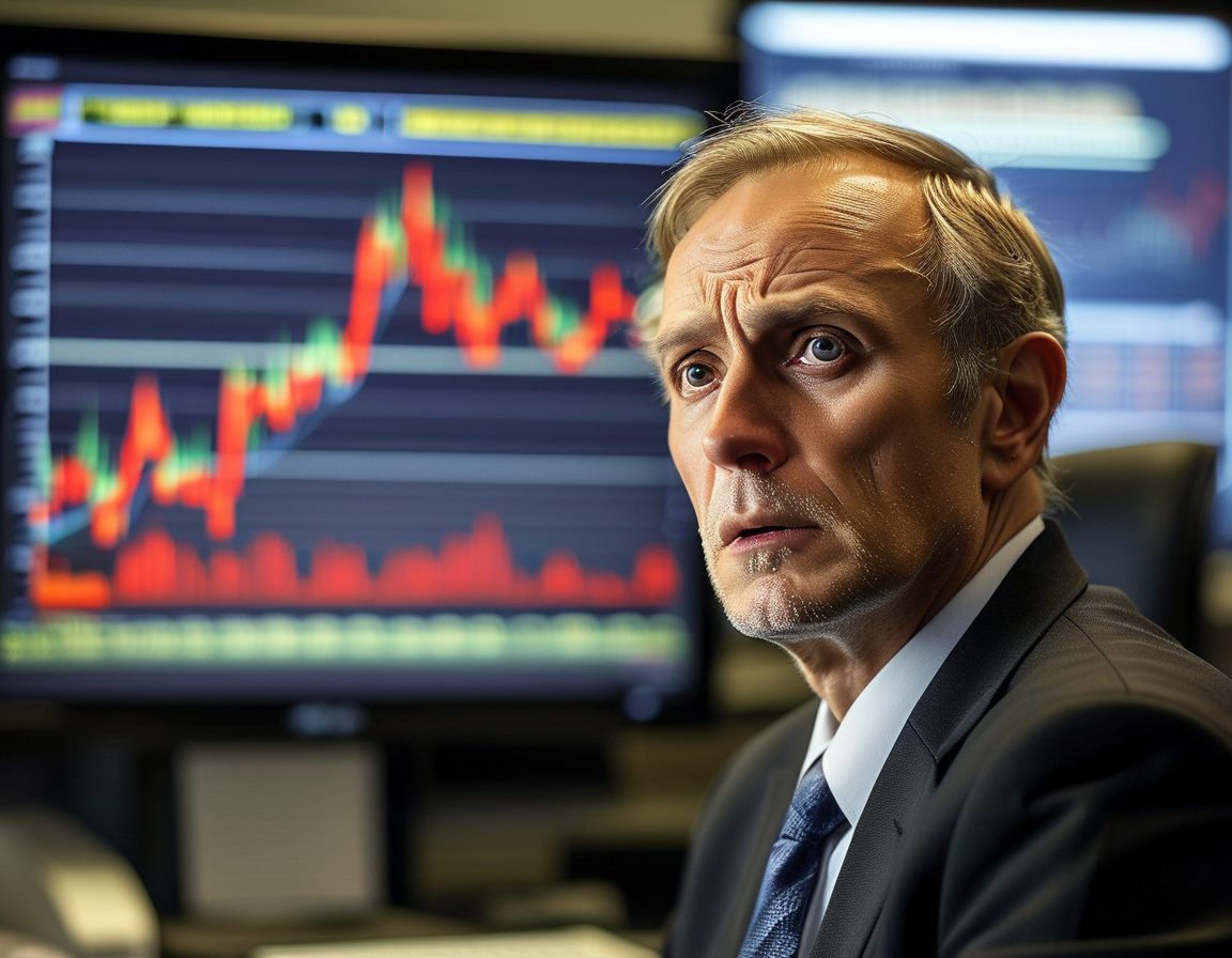 An image showing a graph of the Dow Jones industrial average experiencing a sharp decline, with financial advisors in an office setting looking concerned while discussing market trends.