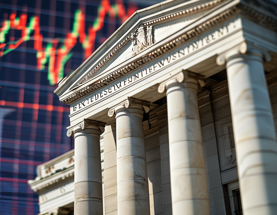A close-up view of a Federal Reserve building with a backdrop of stock market charts displaying fluctuating trends, symbolizing economic uncertainty and interest rate changes.