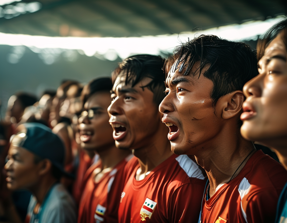 An intense moment from the football match between Vietnam and the Philippines, showcasing players in action as the ball is about to be kicked, with crowds in the background reflecting the excitement and tension.