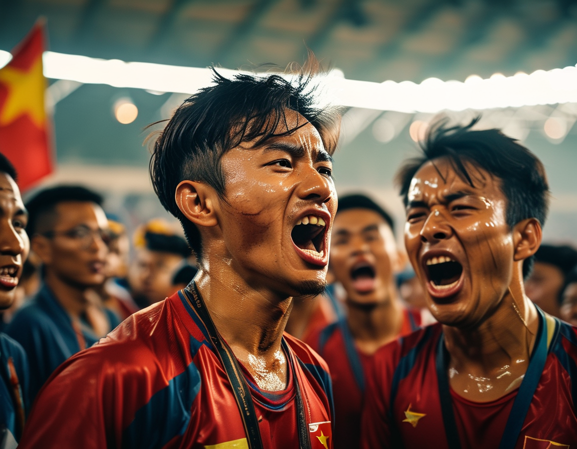 A close-up on Vietnam's goal scorer, Doan Ngoc Tan, celebrating joyfully after scoring the dramatic equalizer against the Philippines, emphasizing the emotion of the moment.