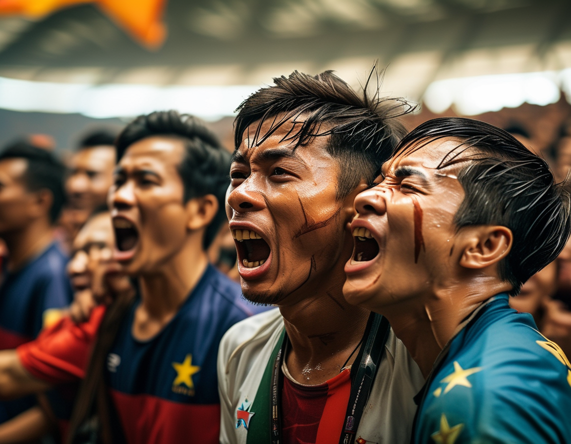 Fans in the stadium, wearing their team's colors, displaying a mix of joy and disappointment, capturing the essence of football's impact on community and emotion during the match.
