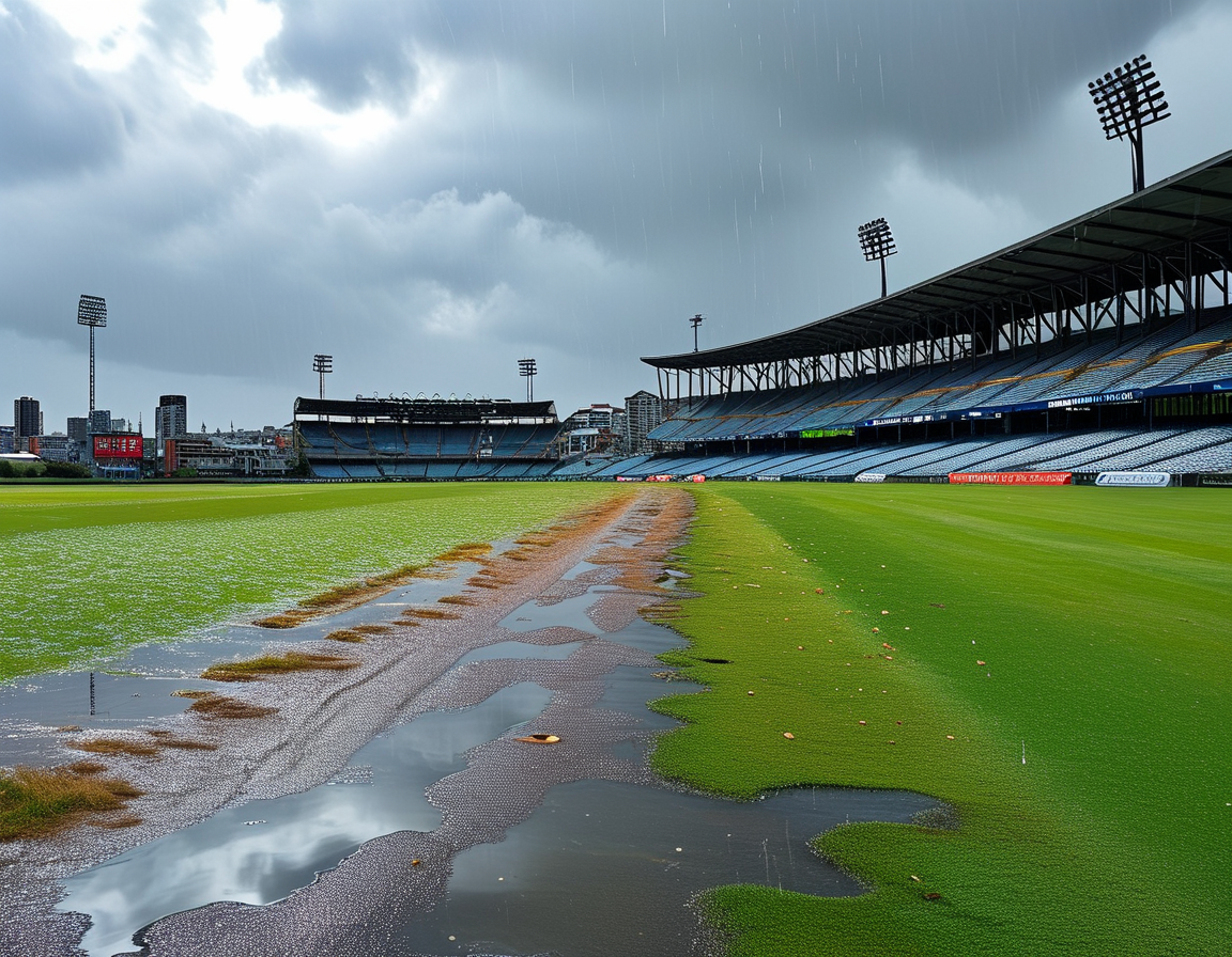 A rainy scene at the Wellington cricket ground, with a waterlogged pitch and empty stands, symbolizing the disappointment of fans and players during the washout match.