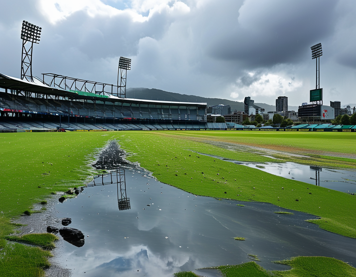 A close-up of a soaked cricket ball lying on the grass at the Wellington ground, representing the halted hopes of a game that could not take place.