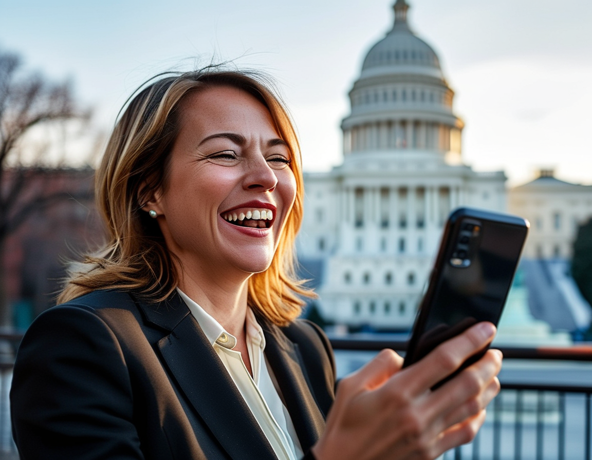 AOC laughing while reading Trump's post on her phone, expressing a light-hearted reaction to the political commentary, with a backdrop of the U.S. Capitol building.