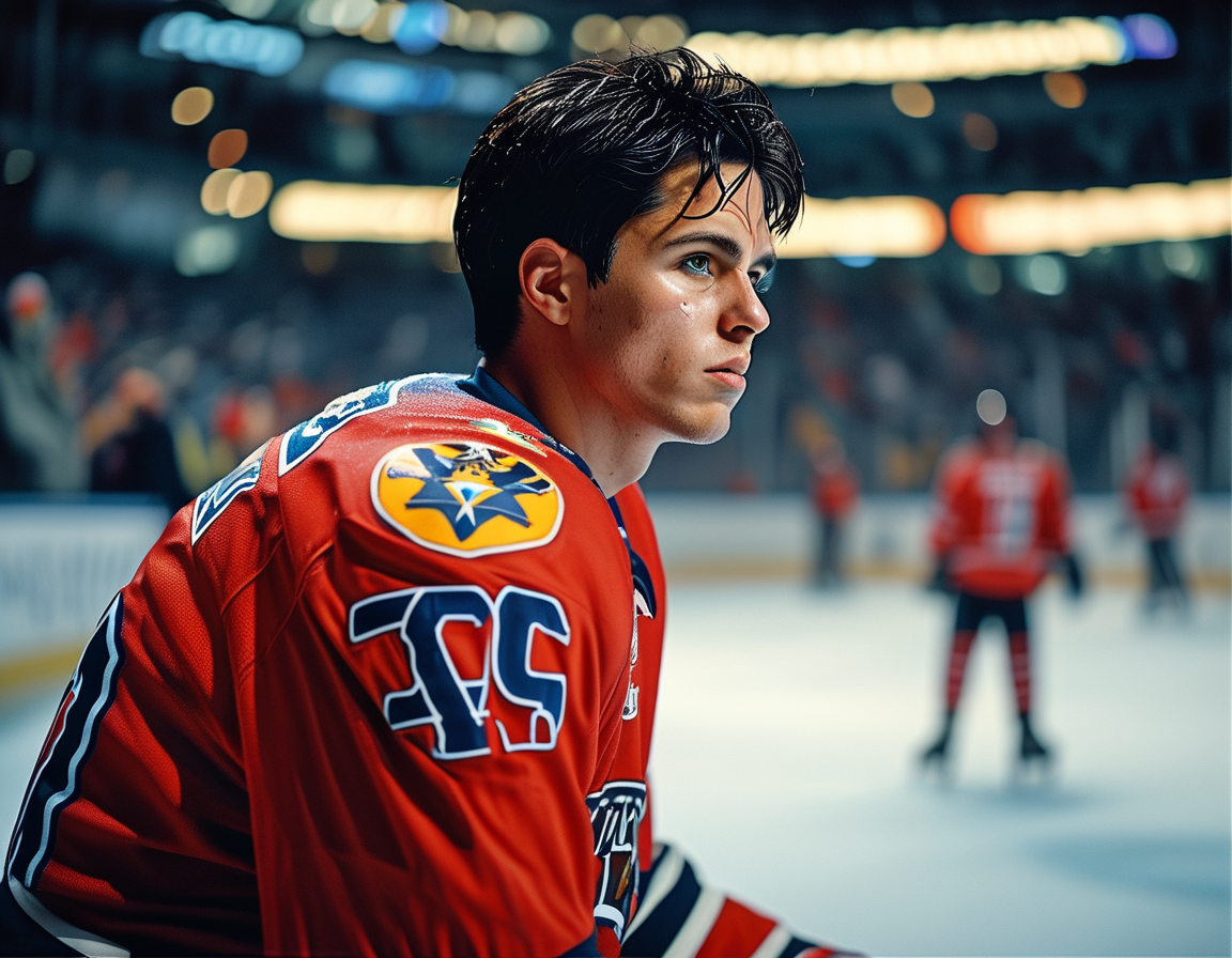 An image capturing Kaapo Kakko in a Rangers jersey, looking contemplative on the ice, symbolizing his transition to the Kraken and the challenges he faced in New York.