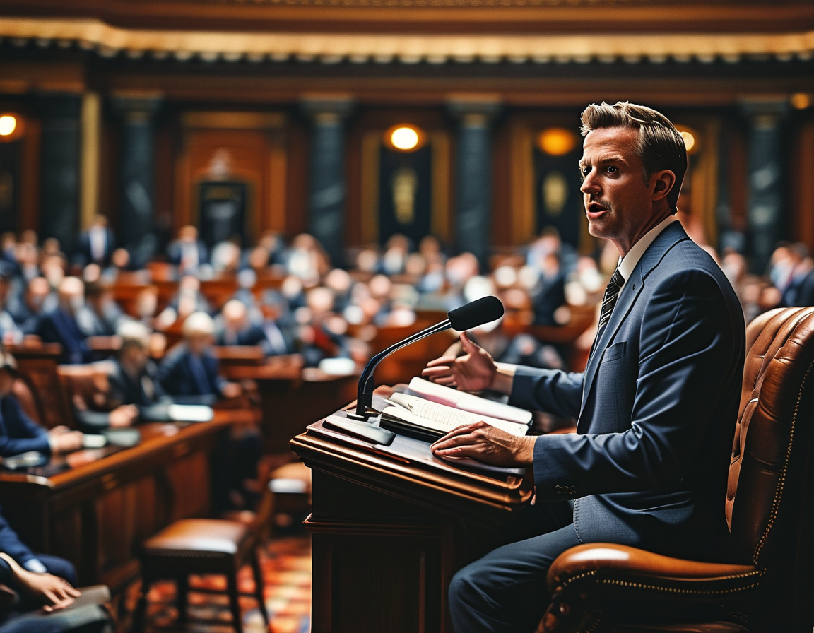 A split image depicting a chaotic congressional session with Matt Gaetz speaking confidently, contrasted with a shadowy silhouette suggesting scrutiny and investigation, symbolizing the political tension surrounding him.