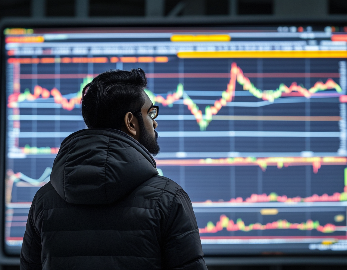 An investor looking at a stock market chart showing the impressive growth of MobiKwik and other fintech companies in India, symbolizing the booming fintech sector.