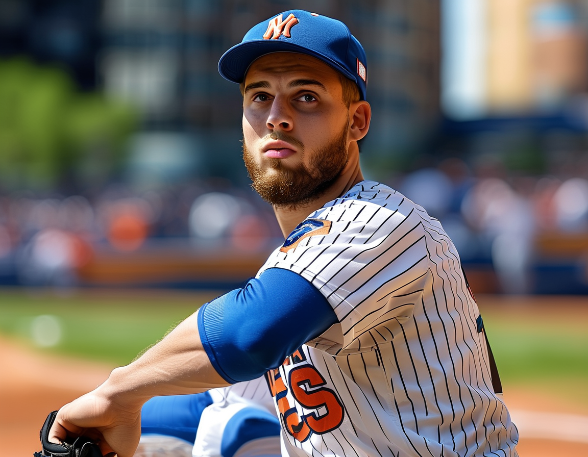 An image of Griffin Canning in a pitching stance, wearing a New York Mets jersey, showcasing the excitement around his signing for the 2024 MLB season.