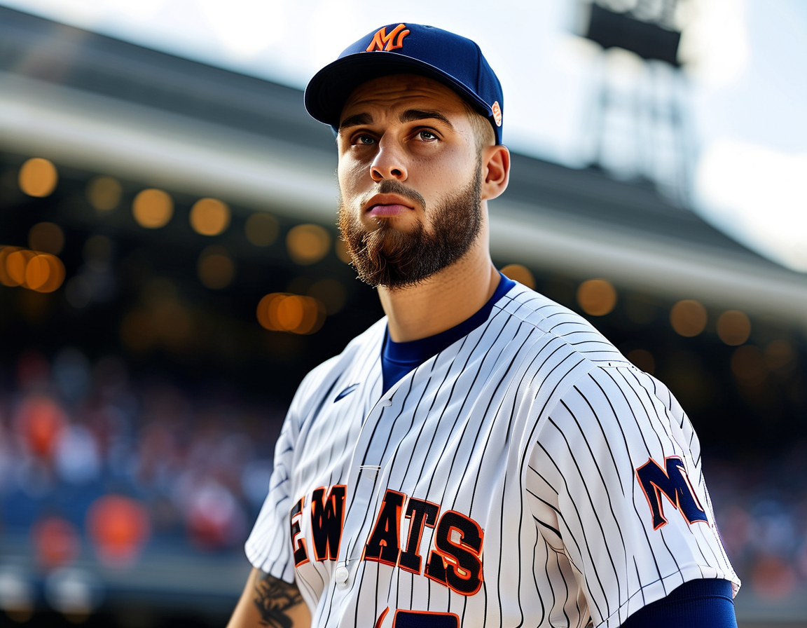 A collage of the Mets' pitching staff, featuring Griffin Canning, Frankie Montas, and Clay Holmes, symbolizing the strategic changes in the team's rotation for the upcoming season.