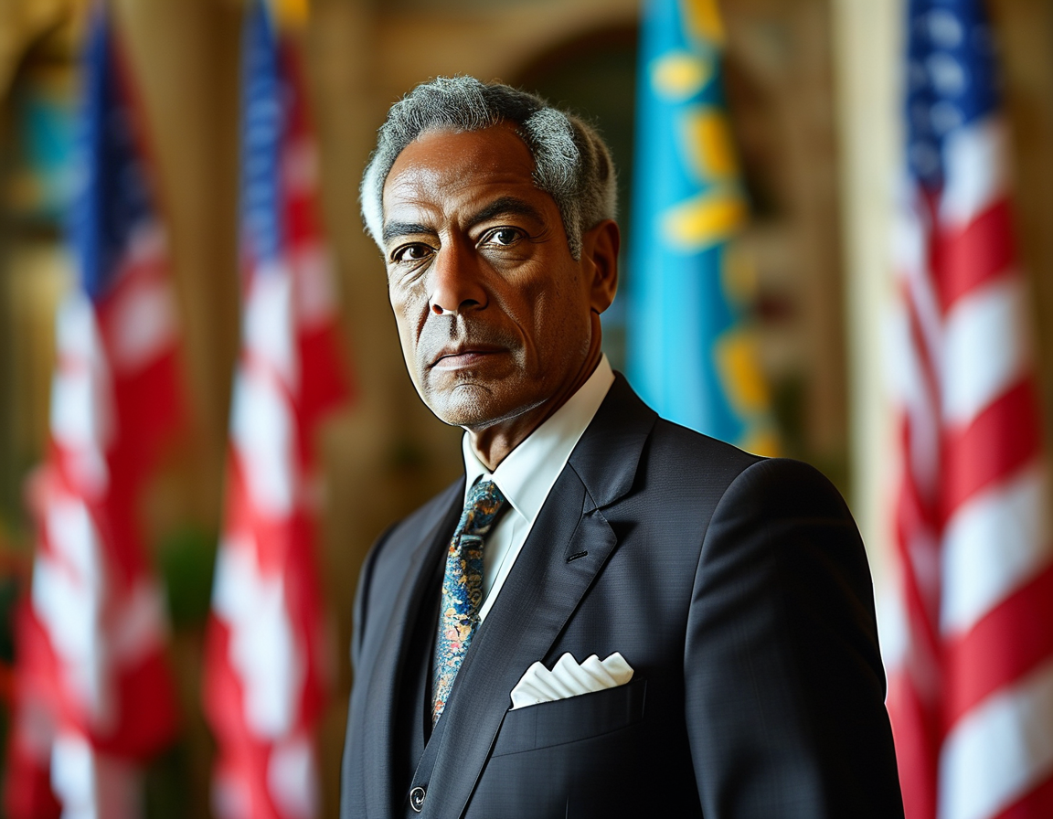 An image of Herschel Walker in a suit at a press conference, with flags of the U.S. and Bahamas in the background, symbolizing his potential new role.