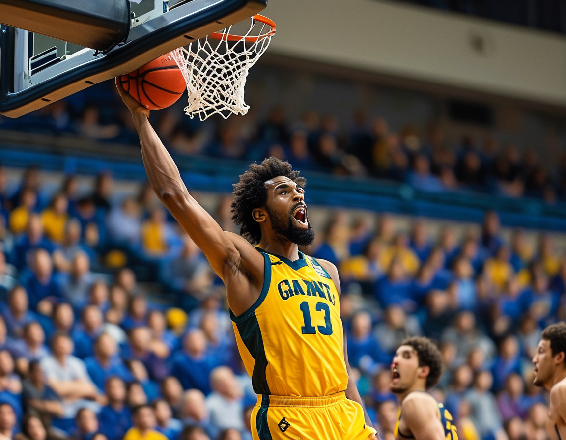 A dynamic scene capturing Grant Nelson driving towards the basket, showcasing his skill and determination during the thrilling game against North Dakota.