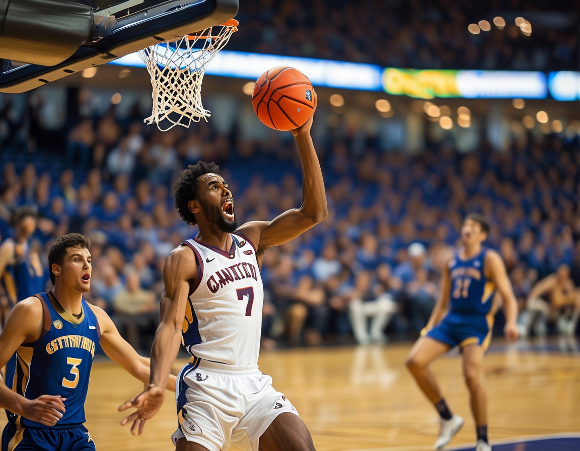 Treysen Eaglestaff celebrating after making a three-pointer, embodying the excitement and intensity of the college basketball game.