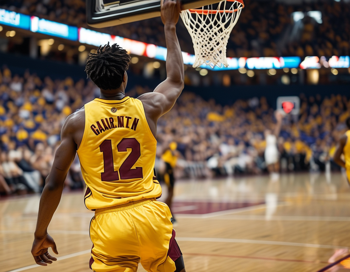 The packed arena filled with fans cheering passionately for both teams, highlighting the electric atmosphere of NCAA basketball.