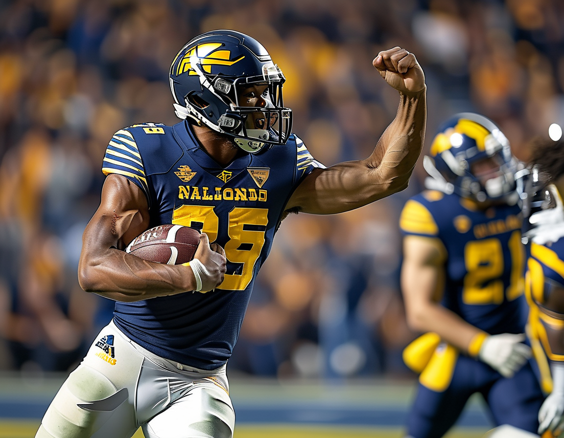 A thrilling moment captured from the LA Bowl, showing UNLV's Cameron Oliver executing a fake punt, surprising the Cal defense, with excitement in the crowd.