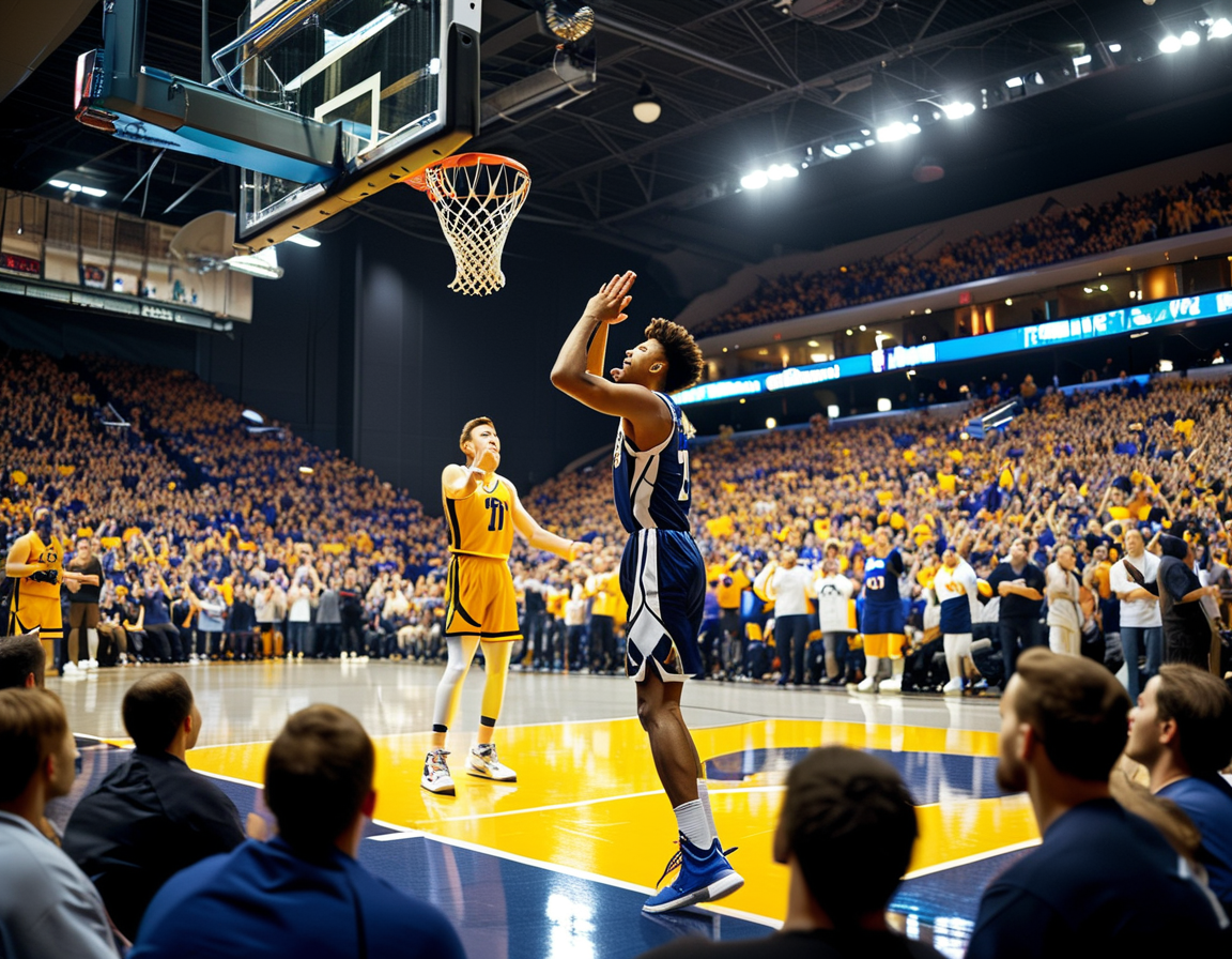 A packed basketball arena with fans on their feet, celebrating PJ Haggerty's second-half heroics as he scores a crucial three-pointer for Memphis against Virginia.
