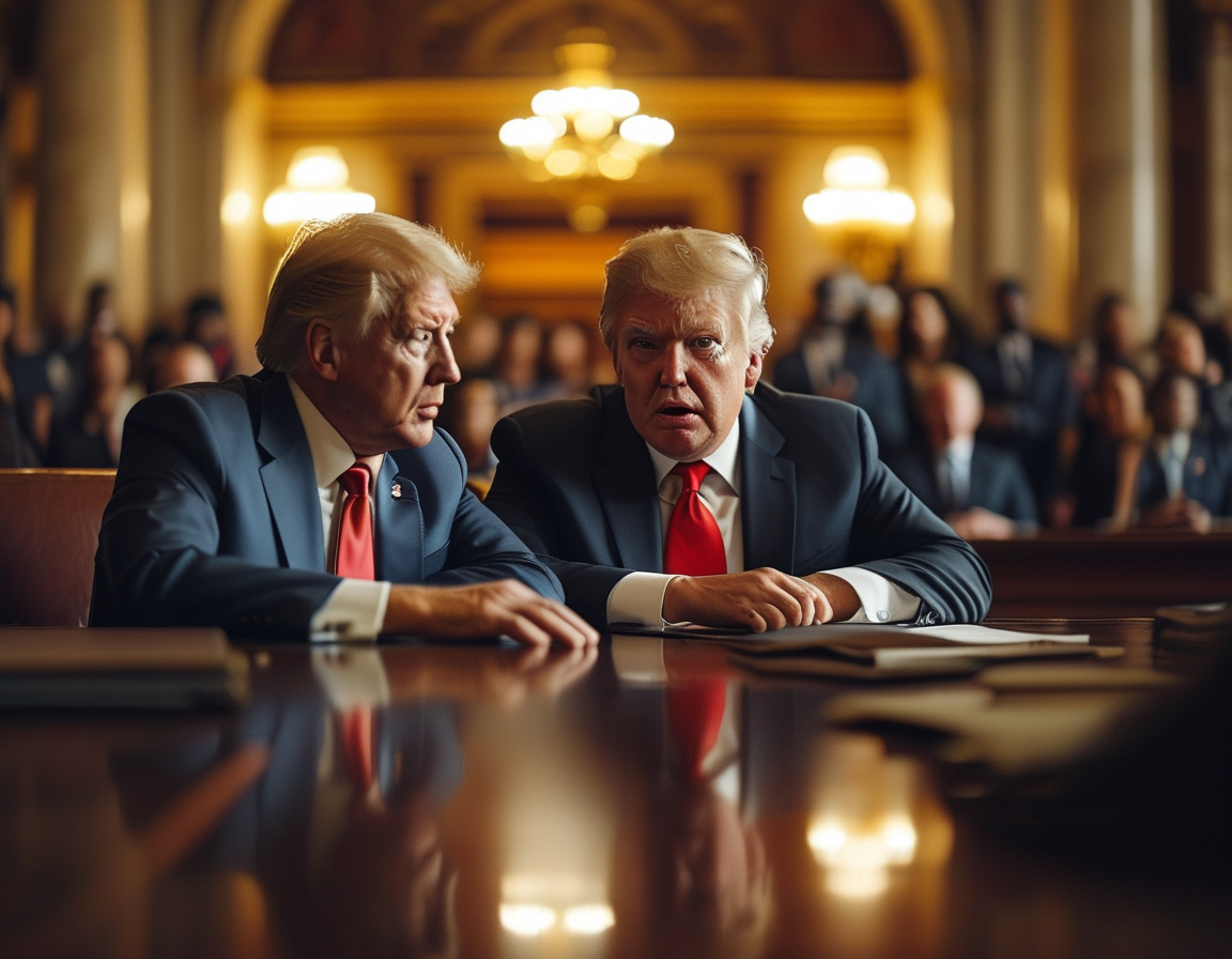 A tense scene in Congress during a budget negotiation, showing lawmakers in heated discussion and the influence of Trump-loyalists evident in the background.