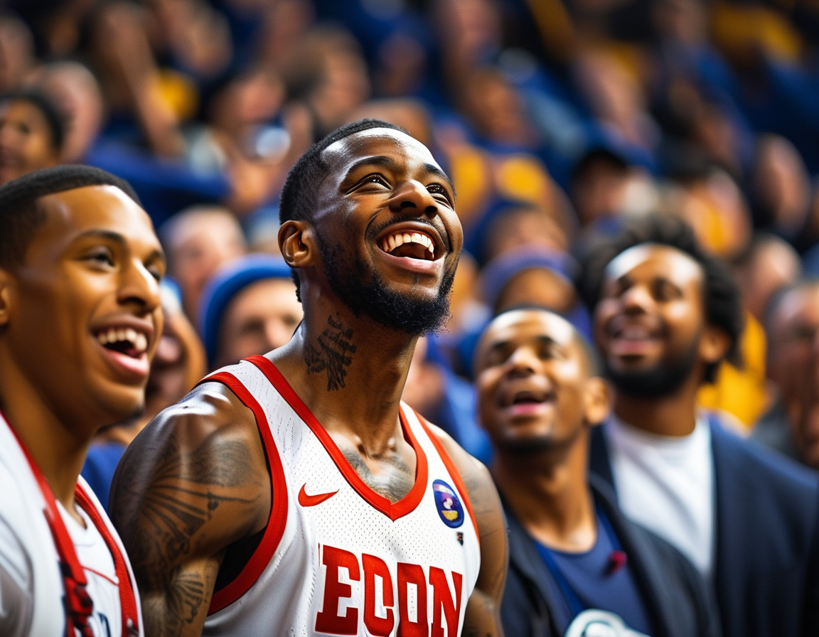 Donovan Dent celebrates after scoring a basket, surrounded by teammates and fans cheering in the vibrant atmosphere of the arena during the game against VCU.