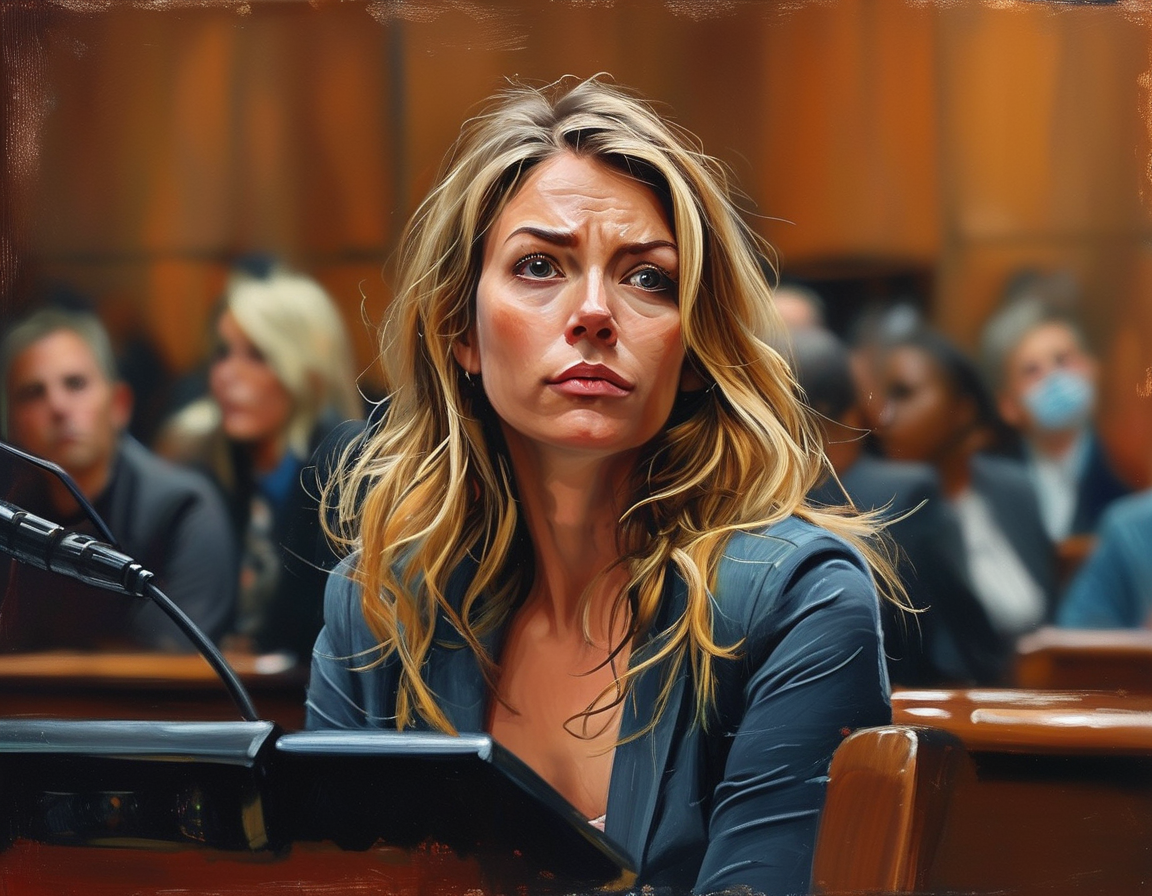 An artistic representation of Karen Huger in a courtroom, highlighting the gravity of her DUI charges amidst the glitz of reality TV. The image captures her worried expression under the scrutiny of the public eye.