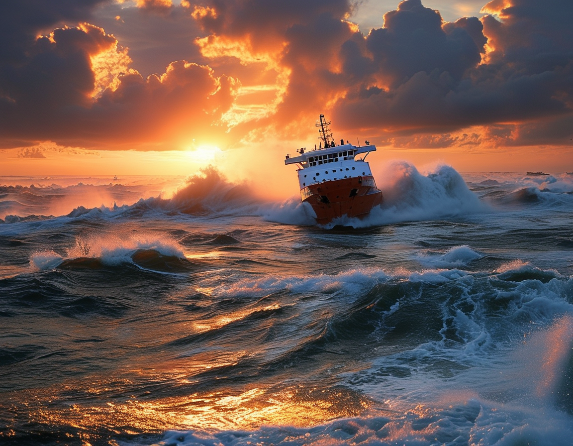 A dramatic image capturing the aftermath of the ferry capsizing, illustrating rescue boats and personnel conducting search efforts amidst rolling waves and a dramatic sunset.