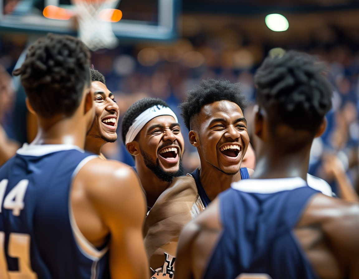 A dynamic image capturing Marquette players celebrating a victory on the court, highlighting their teamwork and determination in a college basketball game.