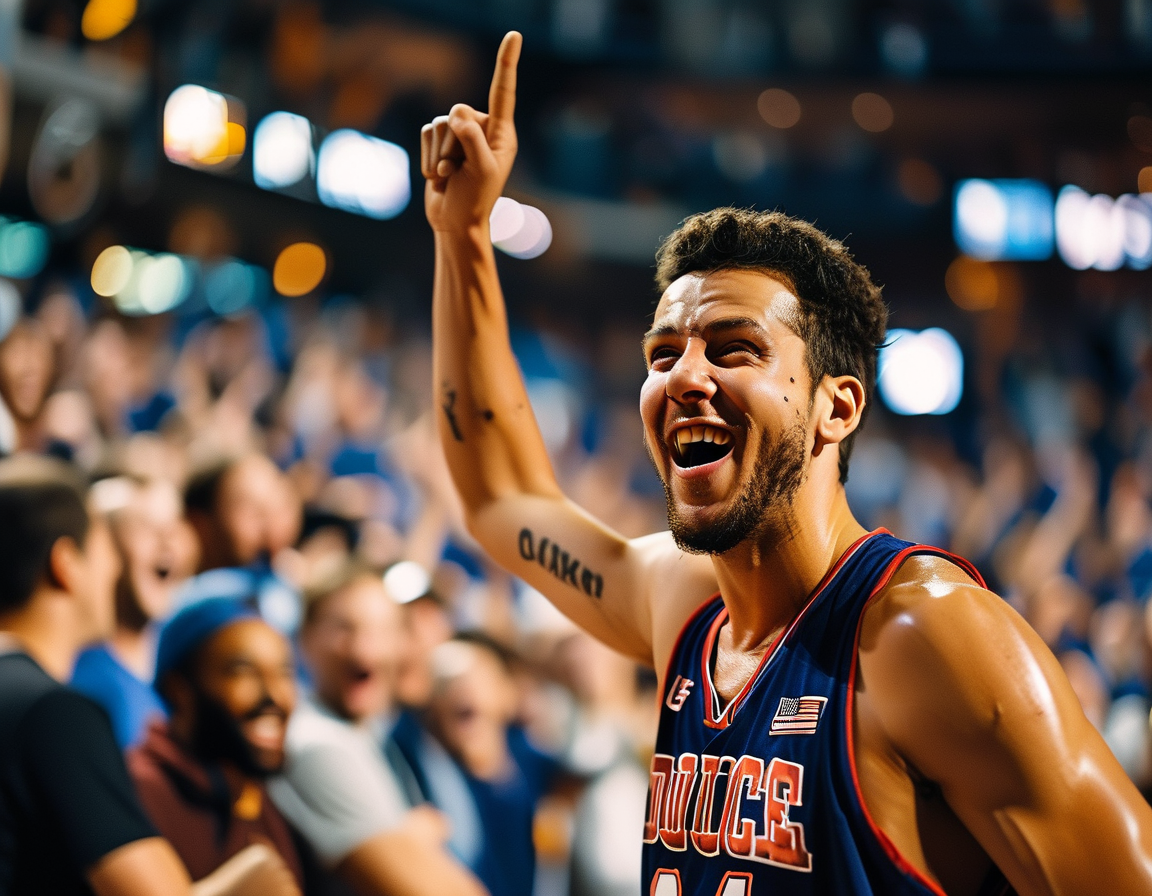 Duke Deen celebrating after scoring a crucial basket in the second half, surrounded by cheering fans in the stands, capturing the high energy of college basketball.