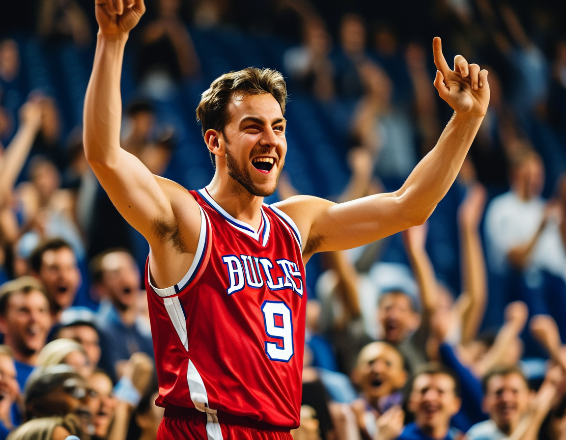 An action shot of Zek Montgomery driving to the hoop, showcasing the intensity of competition and athletic prowess during Bradley's decisive victory over San Francisco.