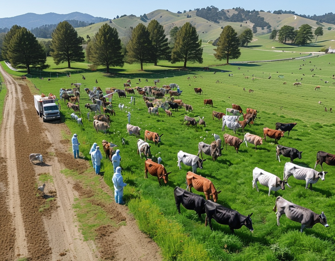 An aerial view of a California farm with dairy cattle, juxtaposed with a veterinary team in protective gear monitoring livestock for bird flu symptoms, highlighting the ongoing health crisis.