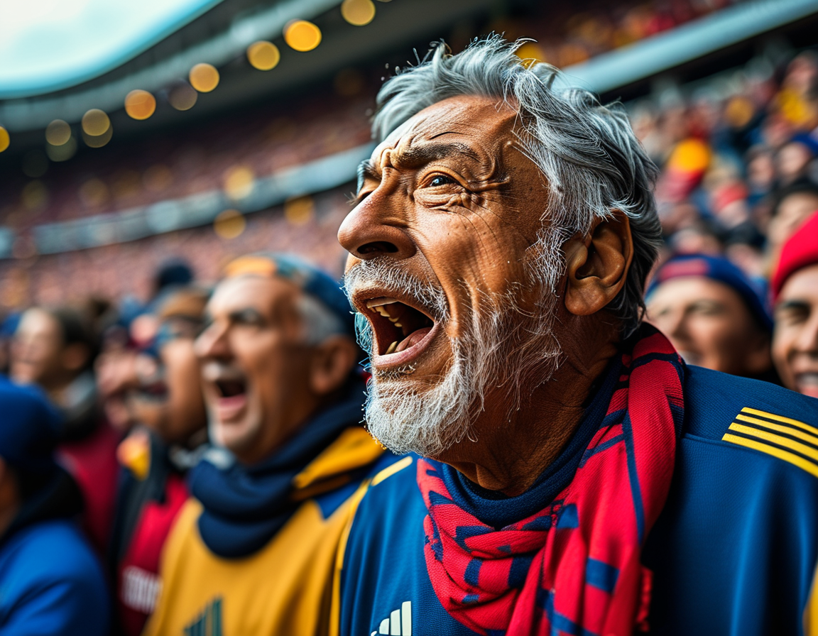 A panoramic shot of the stadium filled with colorful flags and banners, capturing the vibrant atmosphere of Colombian football culture as fans eagerly await the kickoff.