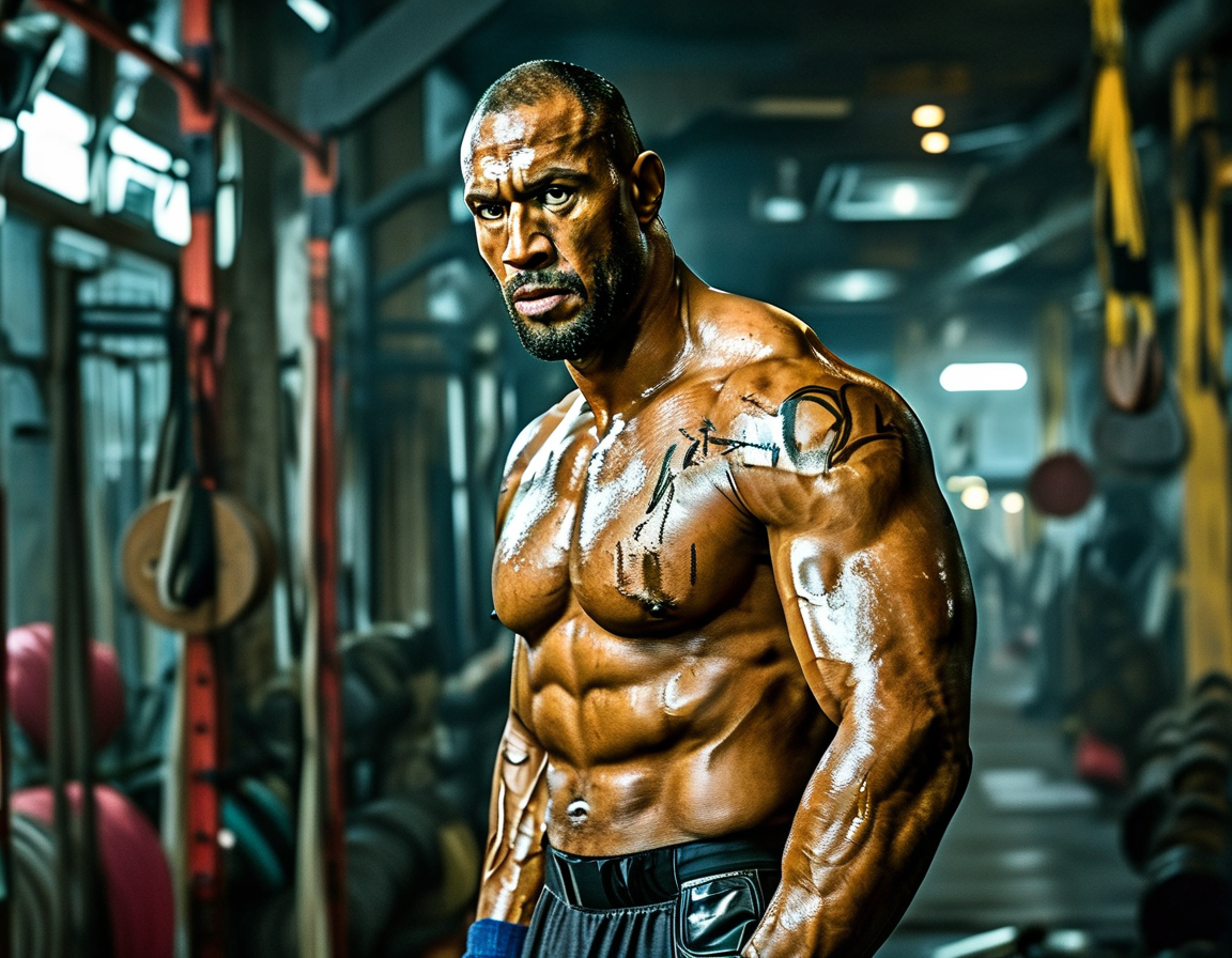 Dwayne Johnson training rigorously in a gym, showcasing his muscular physique and dedication to returning to the wrestling ring, surrounded by fitness equipment.