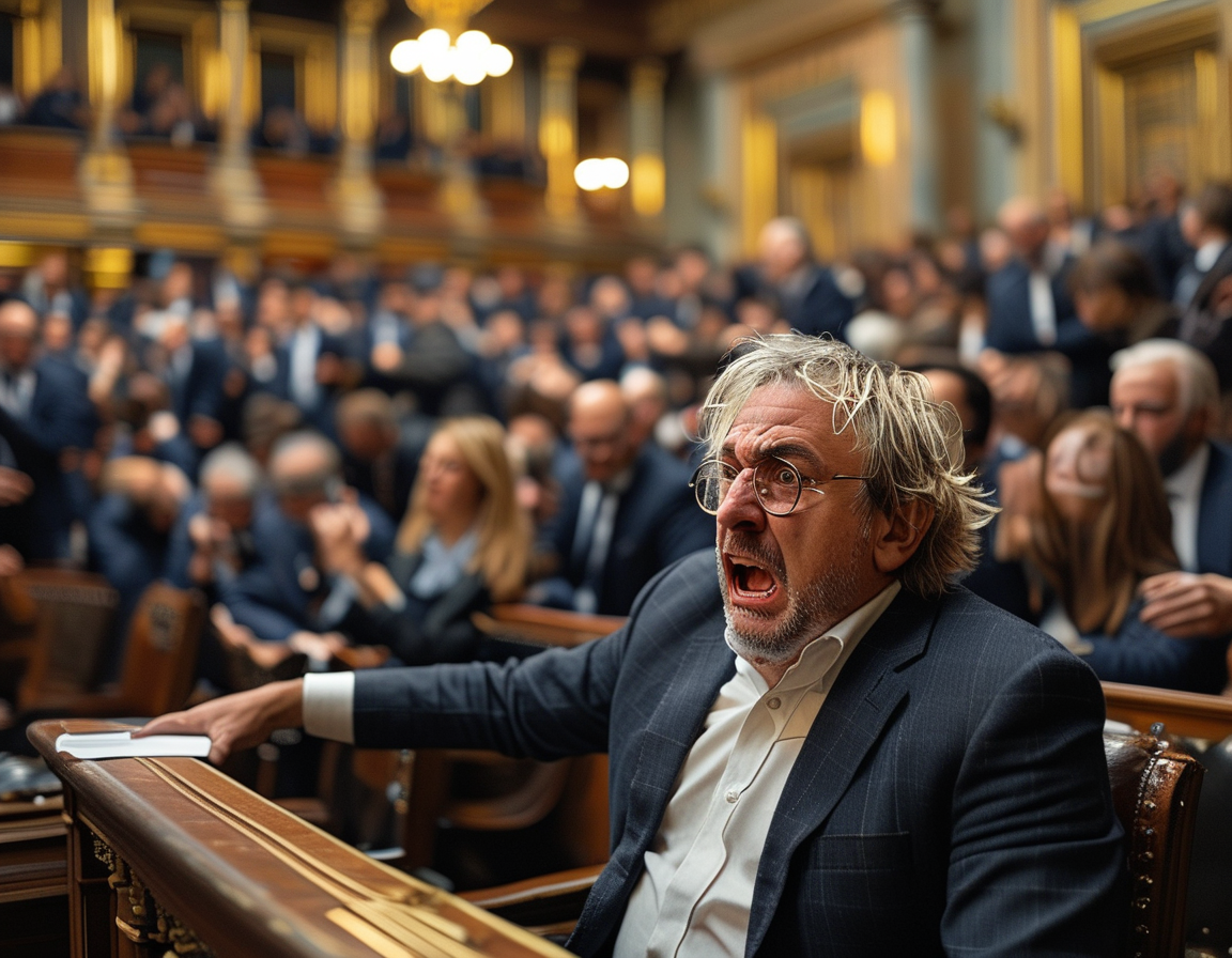A chaotic scene on the House floor, showcasing lawmakers debating fiercely, with some members visibly frustrated and divided along party lines.