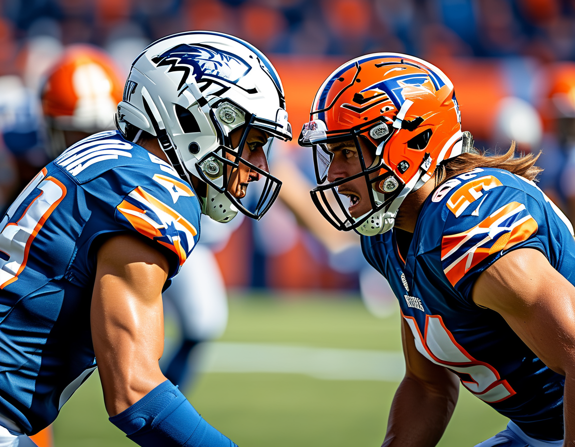 An intense moment from a Denver Broncos vs. Los Angeles Chargers game, featuring both teams on the field, showcasing their rivalry and determination as players prepare for a crucial play.