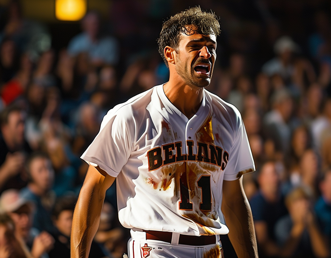 A dramatic scene capturing Brandon King hitting a massive six during the match, while the crowd erupts in excitement; moments later, he is seen walking off the field looking pained and distressed.