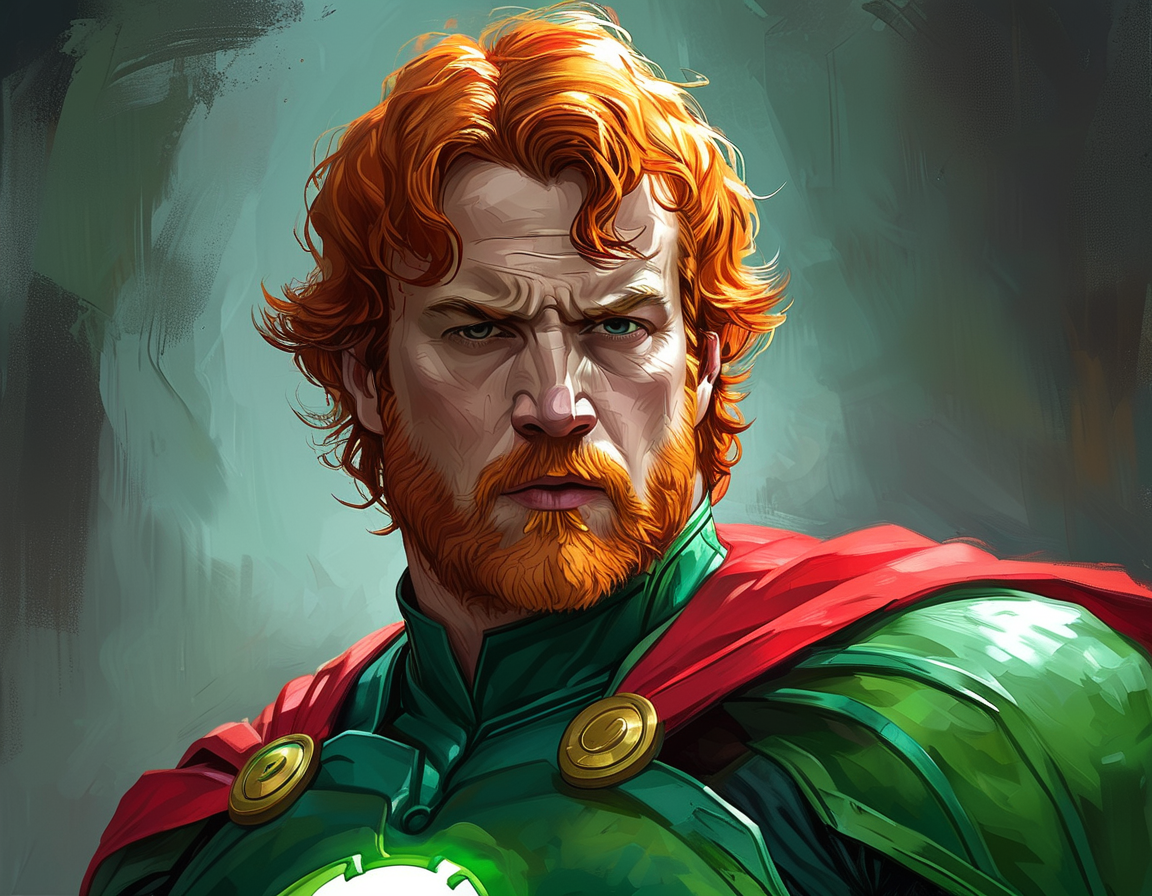 A fan-inspired artwork showcasing Guy Gardner in a playful superhero pose, emphasizing his quirky bowl cut and vibrant green energy from the Lantern ring, with a backdrop of Metropolis.