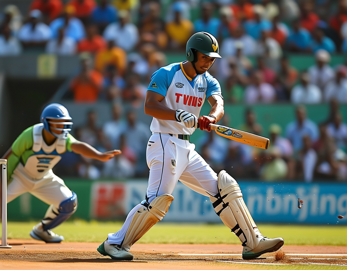 An action shot of Brandon King batting during a T20 match, showcasing his powerful swing as he prepares to hit a six, emphasizing his role as a key player for the West Indies cricket team.