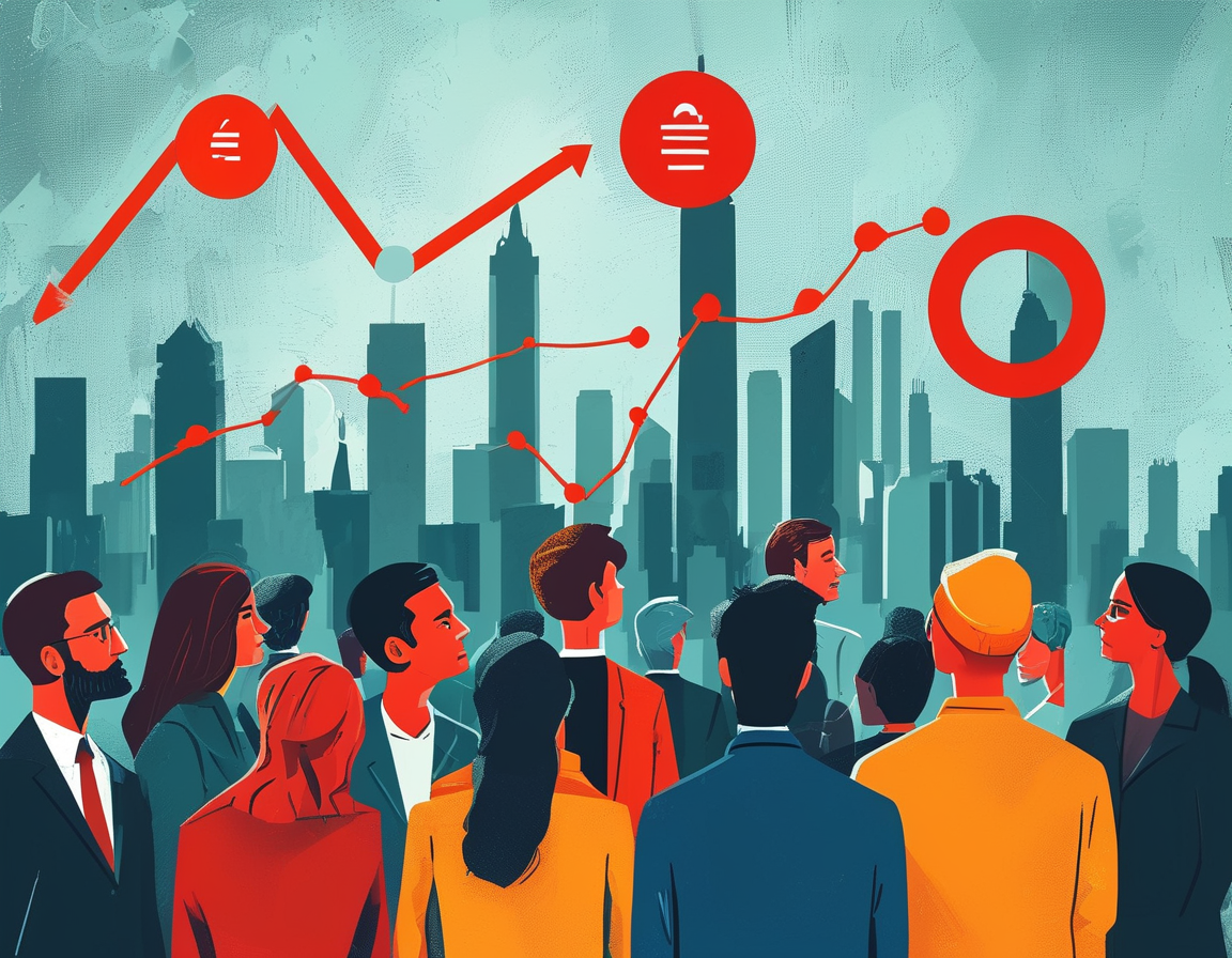 An illustration showing a graph with diverging trends in job numbers, symbolizing the contrast between reported statistics and public sentiment. Background images of worried citizens represent the real-life impact of economic issues.