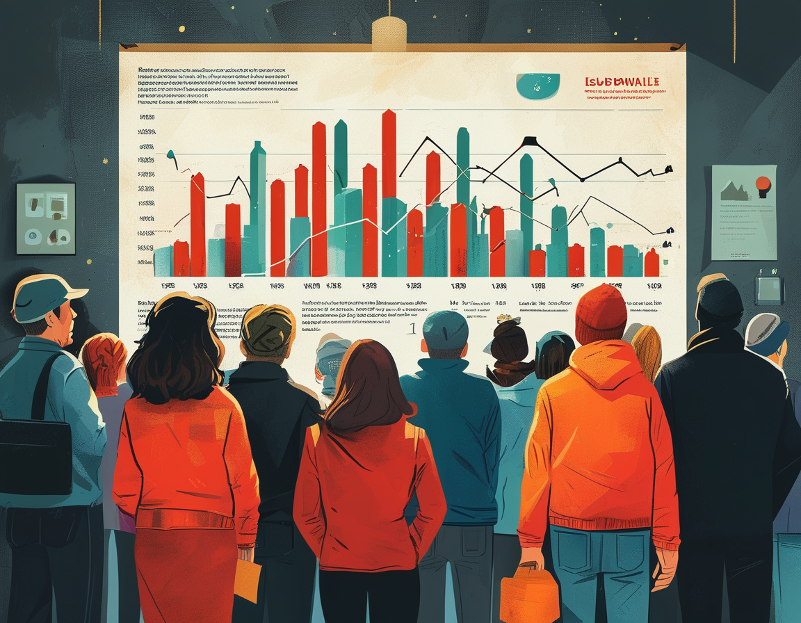 A depiction of voters casting their ballots with thought bubbles showing varying perceptions of the economy, illustrating the confusion and skepticism surrounding employment statistics.