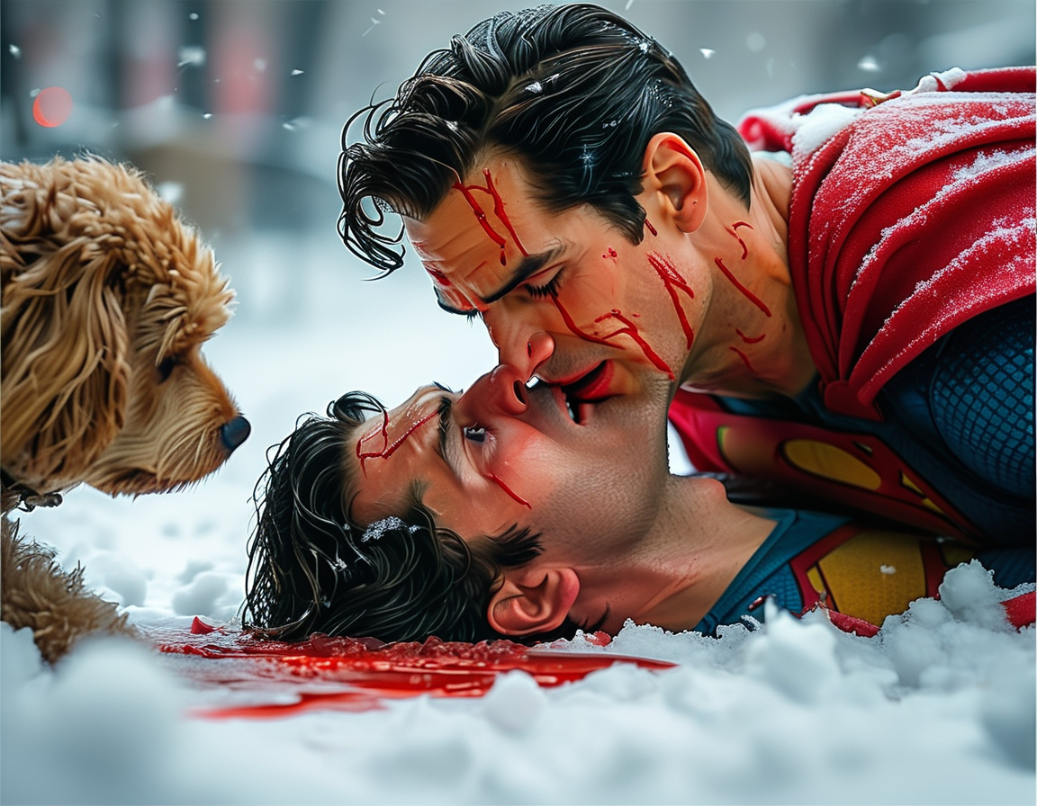 An evocative scene shows David Corenswet as Superman lying on snow, blood on his mouth, with Krypto the Superdog approaching, capturing a moment of vulnerability and emotional weight.