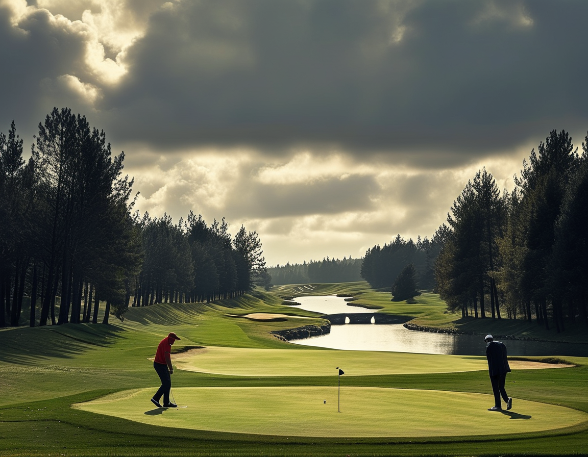 A dramatic scene on the golf course showing Rory McIlroy and Scottie Scheffler in action, with a beautiful backdrop of Shadow Creek Golf Club under cloudy skies. The tension of the match is palpable as they compete against DeChambeau and Koepka.