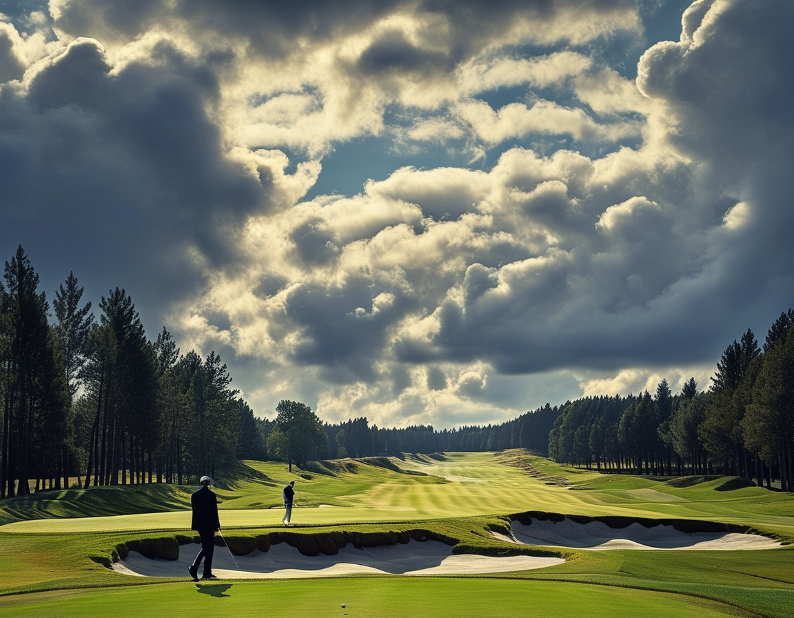 Close-up of the players during the showdown, captured as they concentrate on their shots with golf clubs in hand, while the audience looks on, depicting the atmosphere of the event.