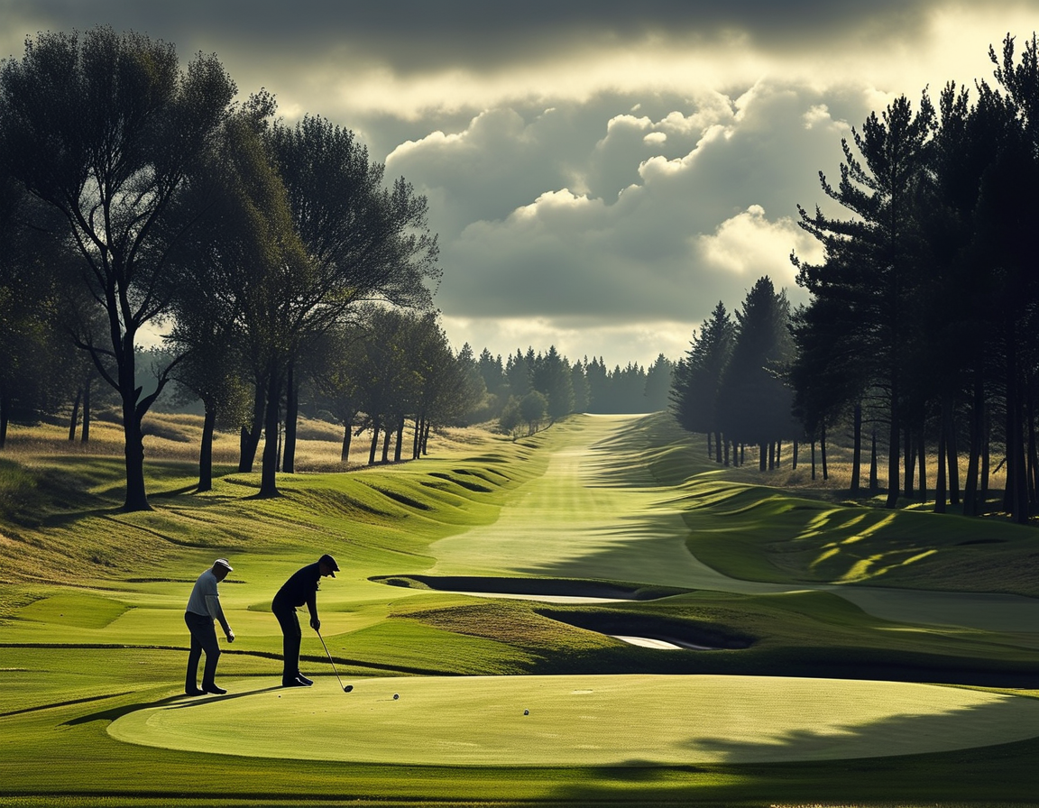 A panoramic view of Shadow Creek Golf Club showcasing its lush fairways and dramatic landscape. The image reflects the beauty of the course while hinting at its repetitiveness during the match.