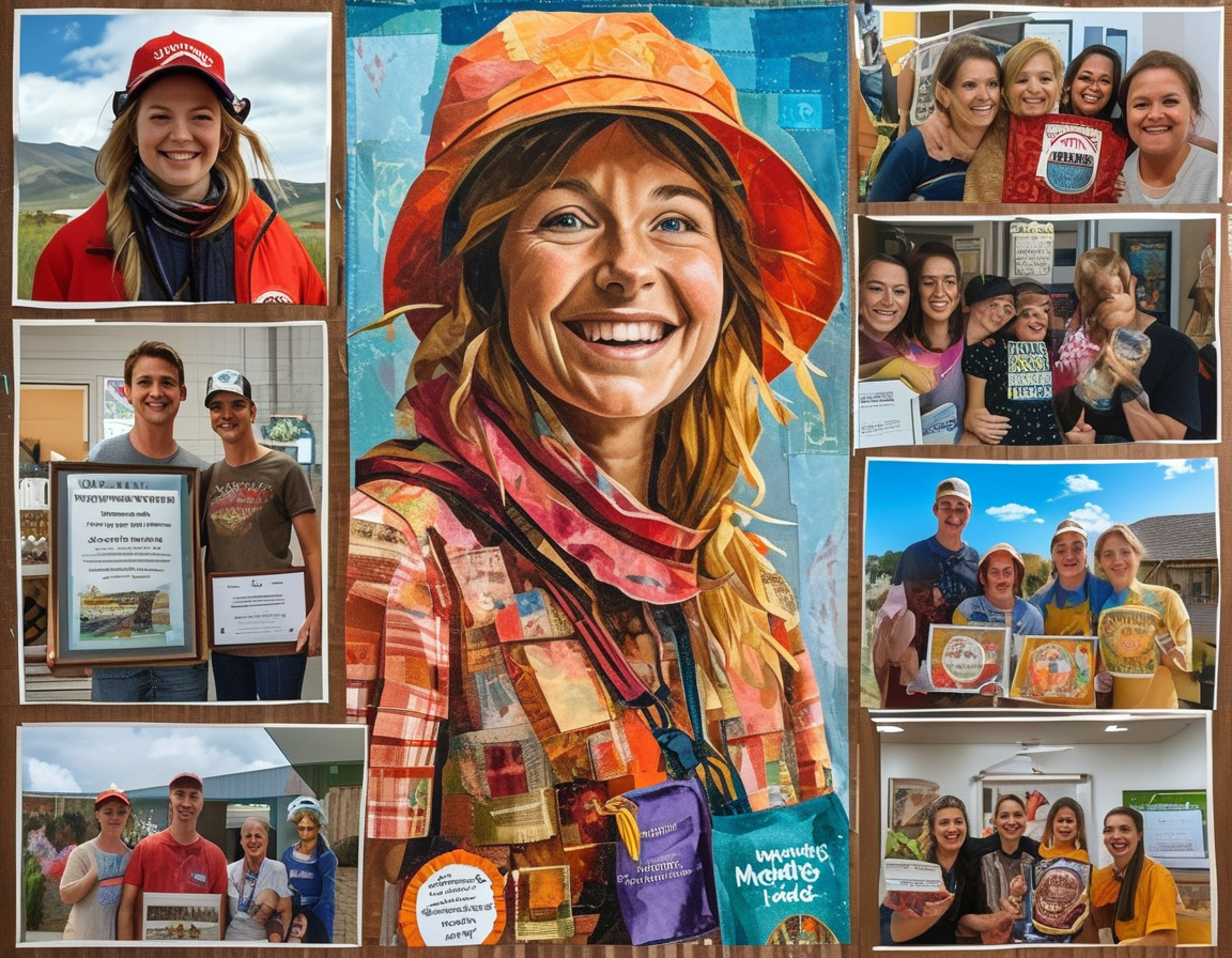 A collage illustrating MacKenzie Scott's philanthropic efforts, featuring images of community projects, diverse nonprofits, and joyful recipients celebrating unexpected donations.
