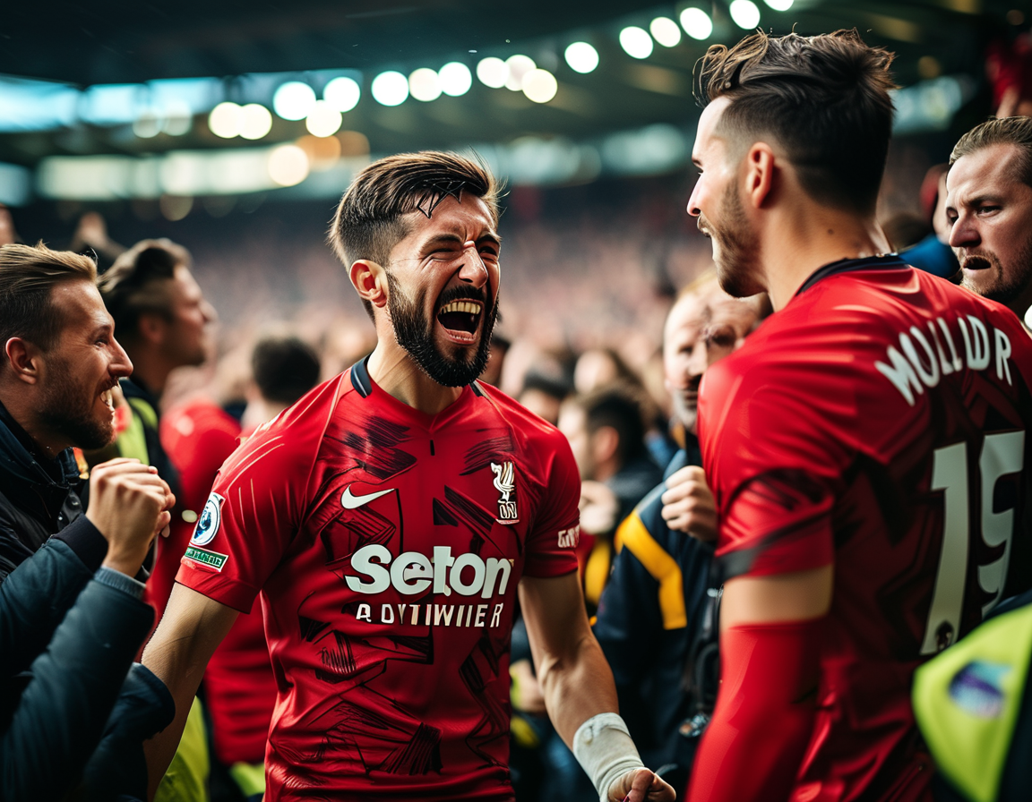 An intense moment from the match featuring Tottenham players celebrating a goal, with a backdrop of Manchester United defenders in a state of disarray. Fans are visible in the stands, illustrating the electrifying atmosphere of the game.