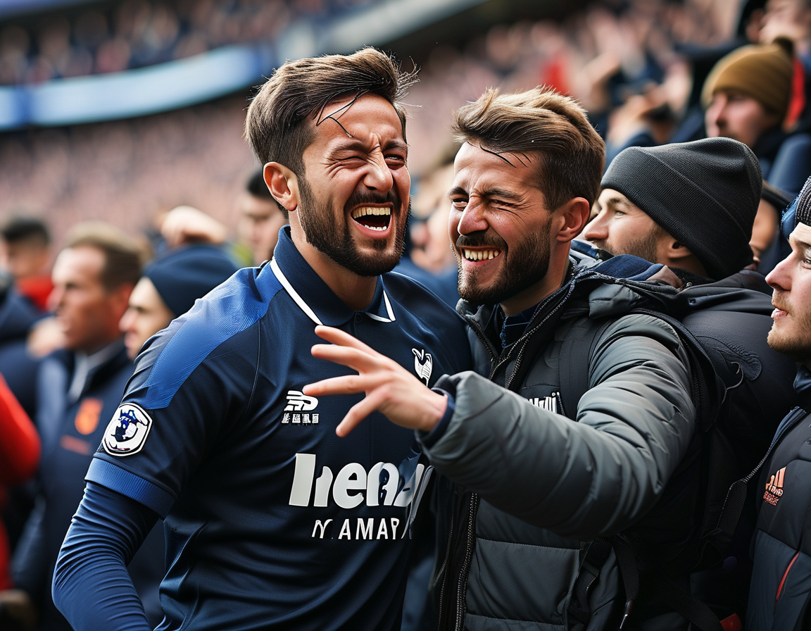 A close-up action shot of Tottenham's Son Heung-min scoring the decisive goal, as Manchester United's goalkeeper struggles to position himself during a corner kick. The excitement of the fans is palpable.