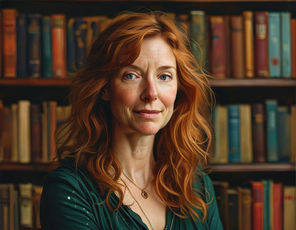 A portrait of Mackenzie Scott in a thoughtful pose, surrounded by books that symbolize her literary passion and her philanthropic journey.