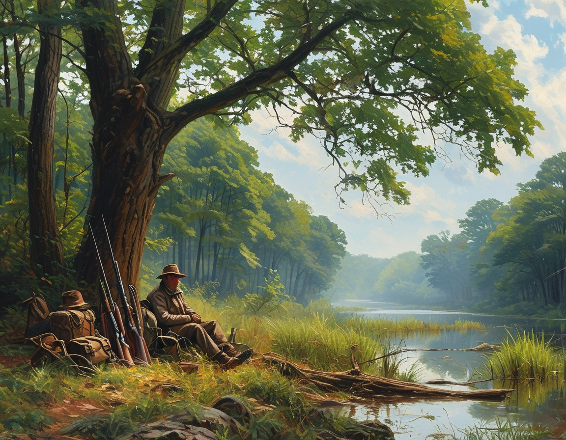 A serene Virginia forest scene with hunters and their equipment resting under the trees, representing the thrill and dangers of hunting in nature.
