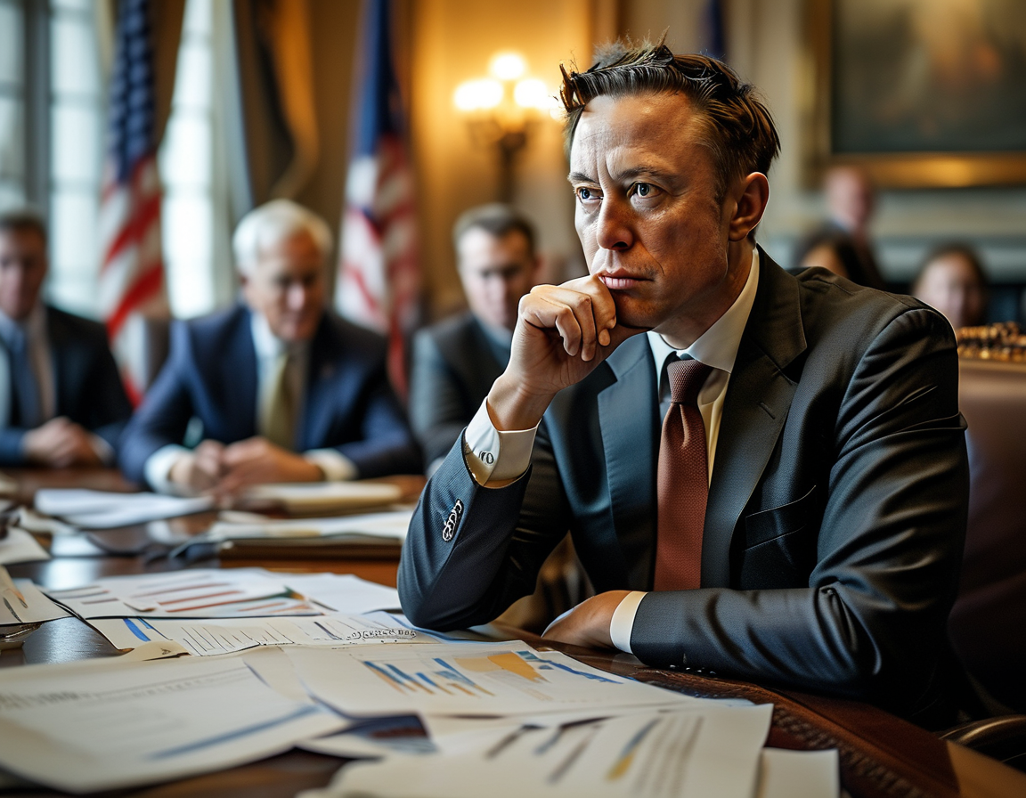 An image of Elon Musk looking thoughtful while sitting at a table with Republican politicians discussing the failed spending bill, with charts and documents scattered around, illustrating a tense negotiation atmosphere.