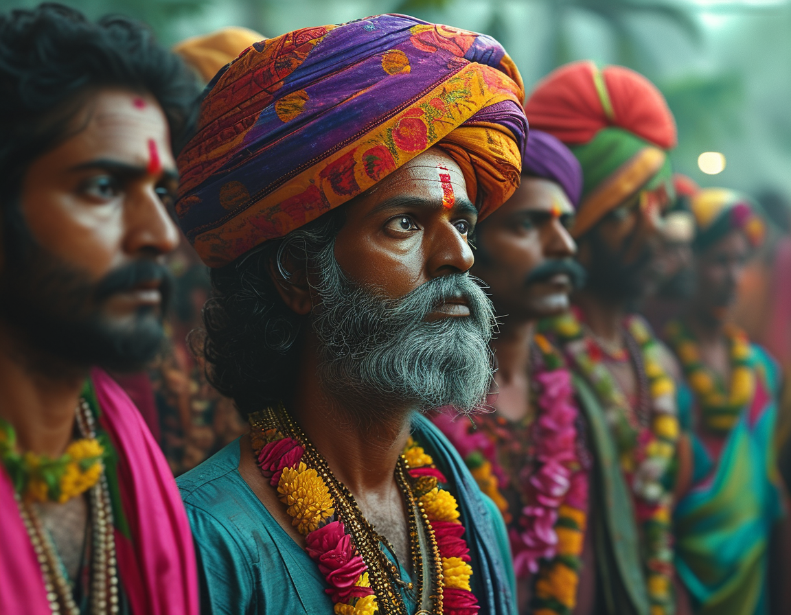 A vibrant scene from Upendra's 'UI', showcasing the diverse cast amidst a surreal, dystopian landscape filled with symbolic imagery that reflects societal themes.