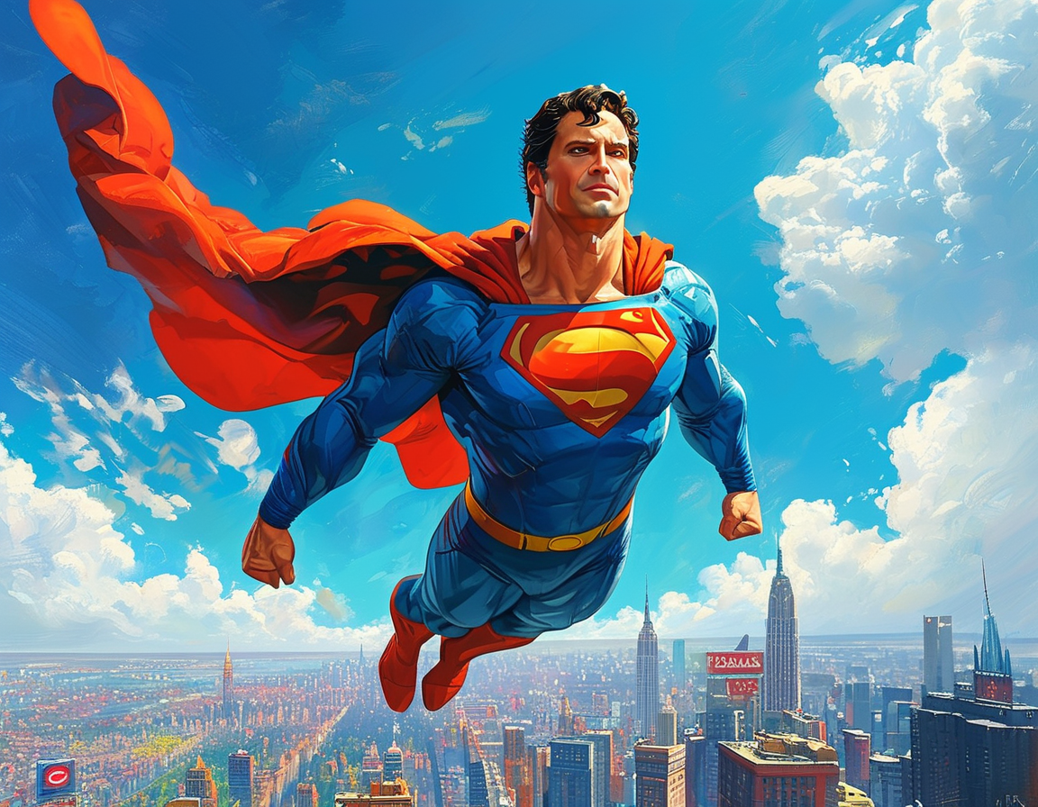 A vibrant scene featuring David Corenswet as Superman soaring through a bright blue sky, symbolizing hope and optimism in a reimagined DC Universe, with various iconic DC characters subtly visible in the background.