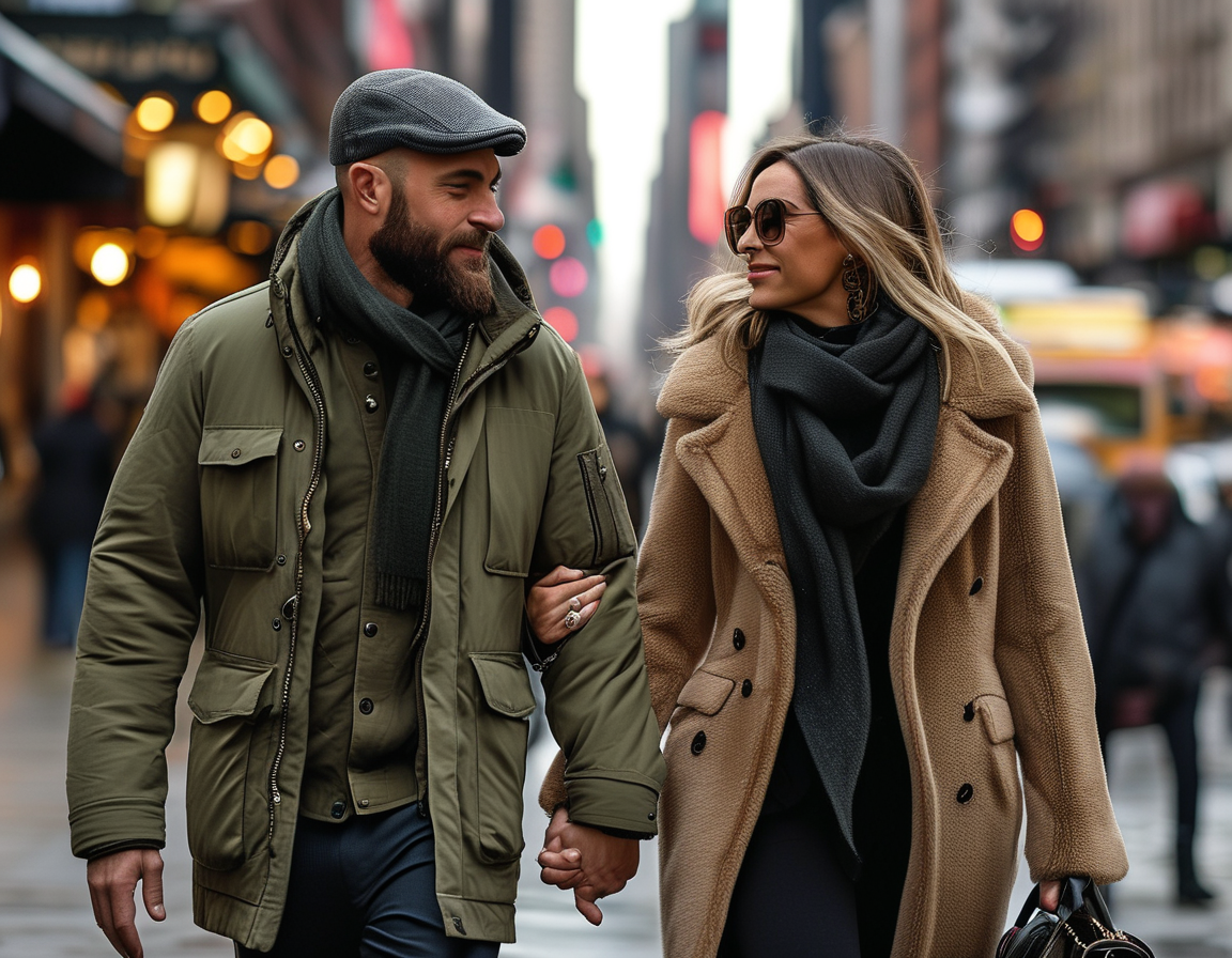 A stylish couple, Elena Moussa and Greg Gutfeld, walking hand-in-hand in New York City showcasing their love and support for each other's careers amidst the urban backdrop.
