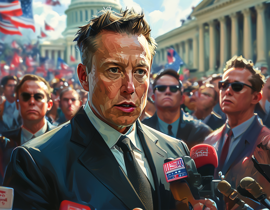 A dynamic illustration depicting Elon Musk surrounded by a collage of Capitol Hill, social media notifications, and influencers in a political context, symbolizing his reach in politics.